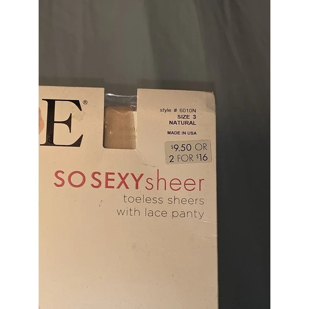 HUE So Sexy Sheer Toeless Pantyhose SZ 3 Natural Lace Control Top 6010N NOS